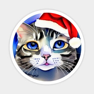 Blue Eyed Cat in a Santa Hat Watercolor Magnet